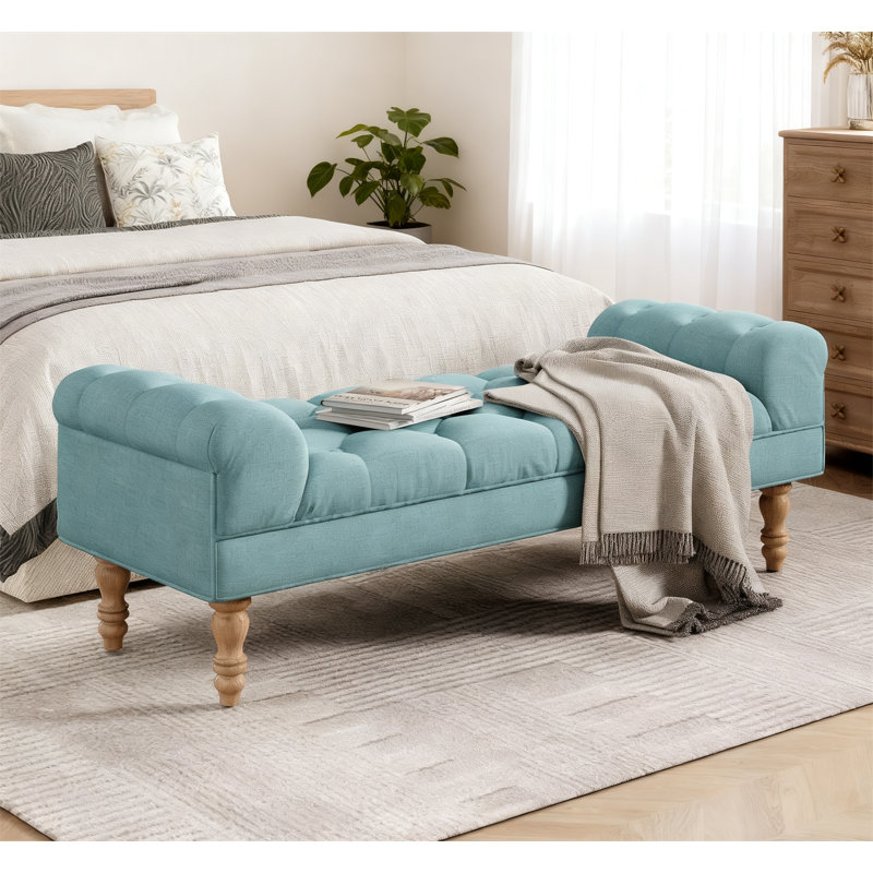 Button-Tufted End of Bed Bench, Dusty Teal, Natural