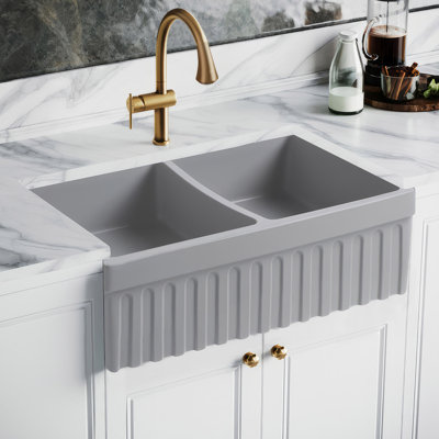 Whitehaus 33” Reversible Double Bowl Fireclay Kitchen Sink: 2-1/2" Lip and Fluted, 2" Lip Front Apron