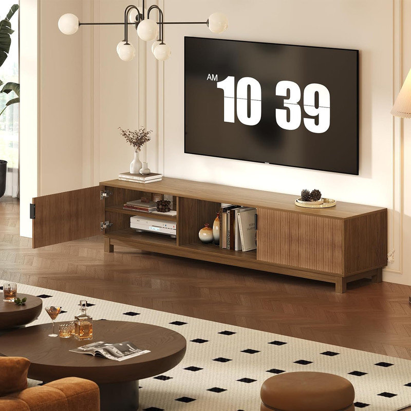 70in Long TV Stand, Fluted Mid Century Modern TV Console Center with Storage Cabinet Up to 80 Inches TV for Living Room