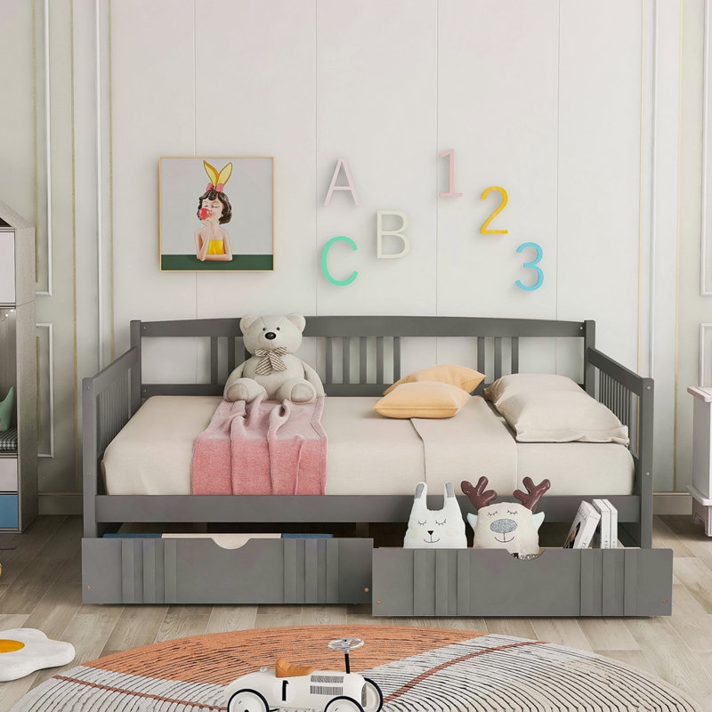 Daybed Wood Bed With Two Drawers, Gray, Full