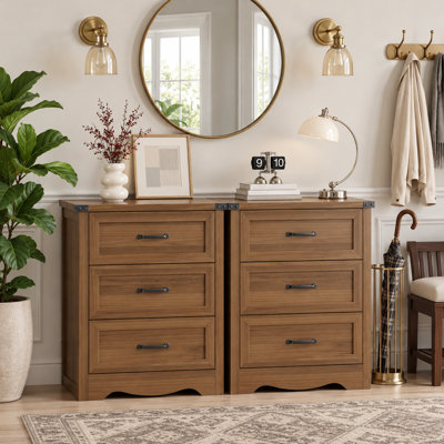 Ensemble de 2 tables de chevet avec poignées en métal, rangement de chevet rustique à 3 tiroirs de 23,6 po pour la chambre à coucher