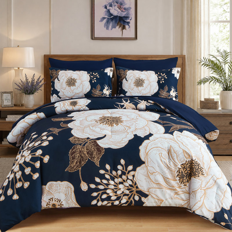 Ensemble d'édredon floral 7 pièces - Ensemble de literie en microfibre douce pour toutes les saisons, Marine