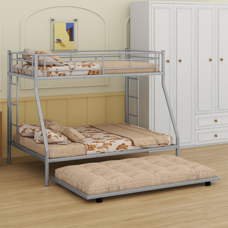 Bunk Bed With Trundle, Two-Side Ladders, Silver
