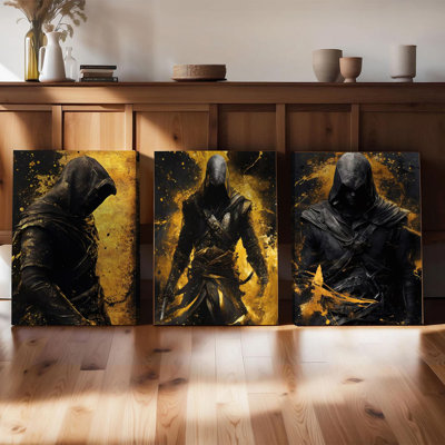 Ensemble de 3 affiches murales encadrées, thème Assassin's Creed : silhouette mystérieuse encapuchonnée aux éclaboussures dorées, décoration moderne pour salon, chambre ou bureau, impression haute définition sur toile tendue.