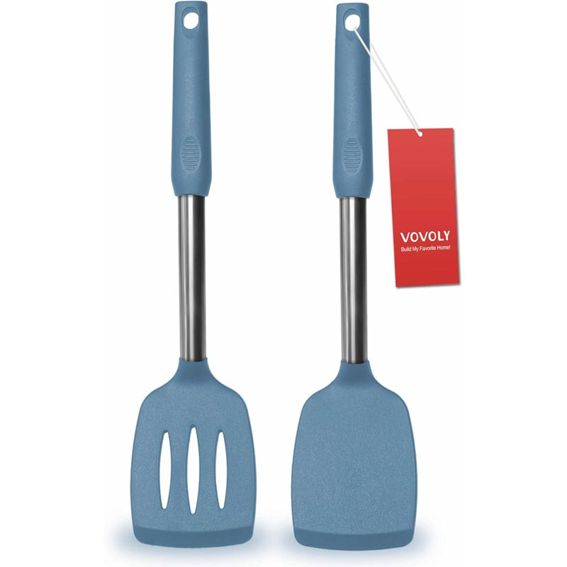 Ensemble de 2 spatules, ensemble de spatules en silicone solide et rainuré, poignée en acier inoxydable recouverte de silicone, tournevis antiadhésif, spatules en caoutchouc résistant à la chaleur pour poissons, œufs, crêpes, WOK, noir