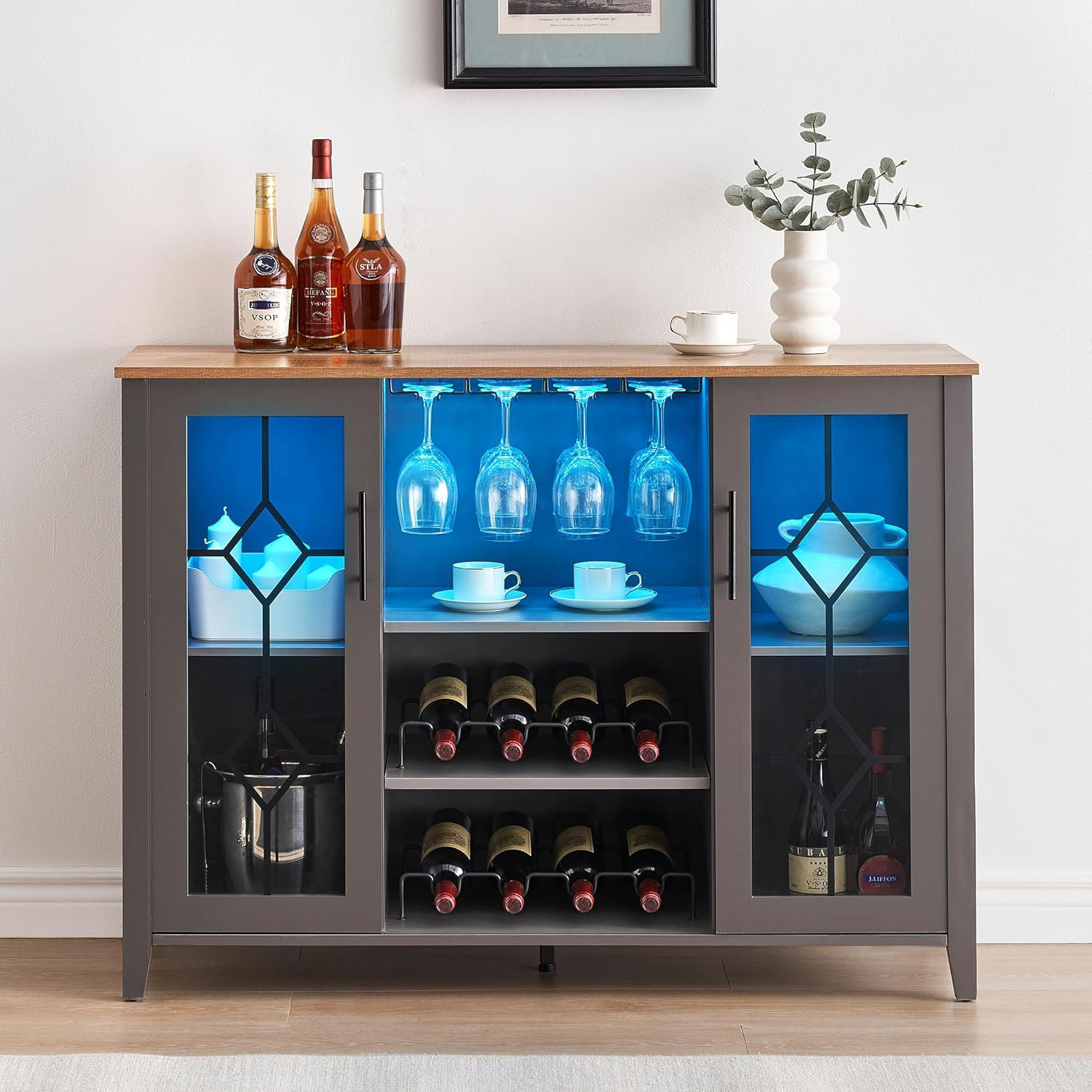 Armoire Buffet Cannelée Otterease Avec Portes Et étagères Réglables - Gris, Rangement Salon/cuisine - Design Moderne Et Fonctionnel