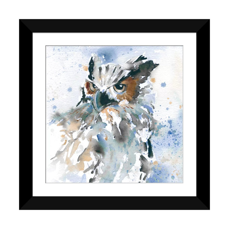 Chouette sur fond bleu, reproduction d'art sur toile tendue, H 16 po x l 16 po x P 1 po, Papier d'art encadré noir, Blanc