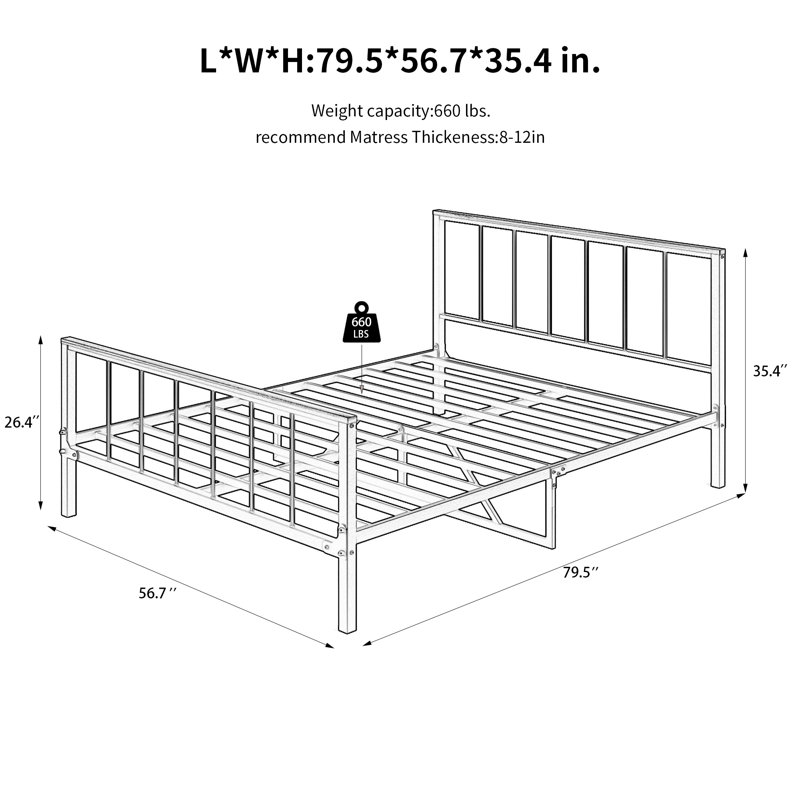 Structure de lit plateforme en métal avec tête de lit et pied de lit, structure en métal robuste, rangement sous le lit, aucun sommier requis, lit double