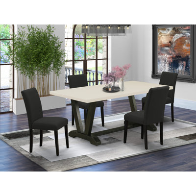 L'ensemble 5 pièces comprend une table de salle à manger en lin blanc et 4 chaises rembourrées en tissu de lin noir avec dossier haut - finition noire brossée