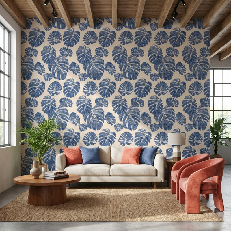 Panneau mural floral amovible avec feuilles bleues, Peler et coller