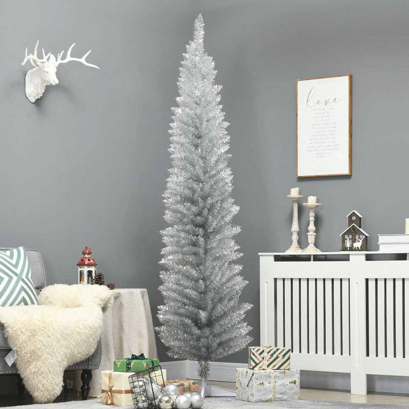 Arbre de Noël artificiel argent avec 390 pointes de branches réalistes et support en plastique, 6'