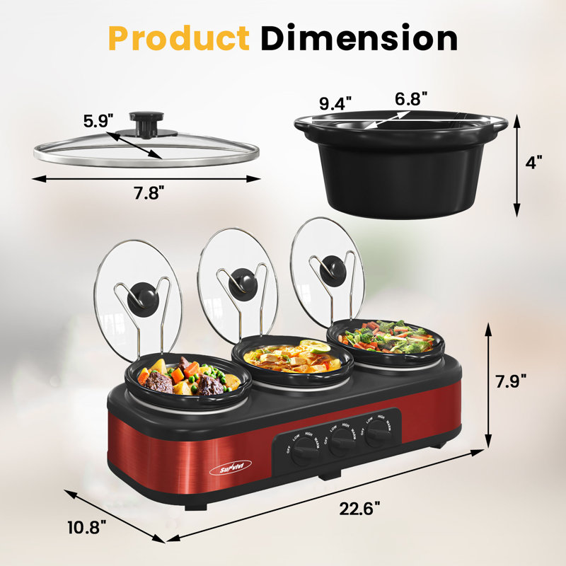 Sunvivi 3x1.5 Qt. Slow Cooker, Red