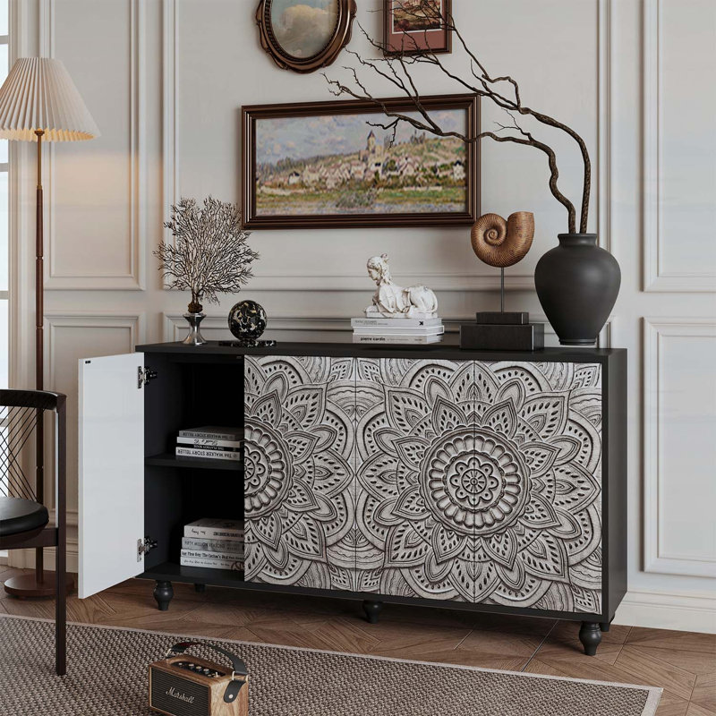 Buffet Boho Mandala 3D embossé avec portes à pousser, tablettes réglables et pieds tournés en bois pour une utilisation polyvalente à la maison