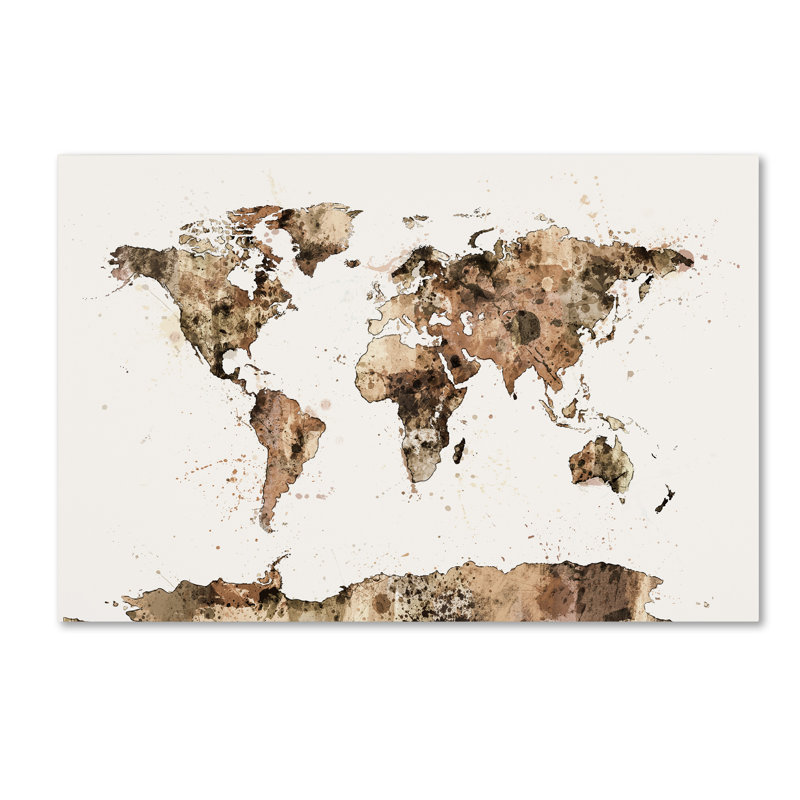 « map of the world sépia aquarelle », reproduction d’impression sur toile tendue, H 16 po x l 24 po x P 2 po