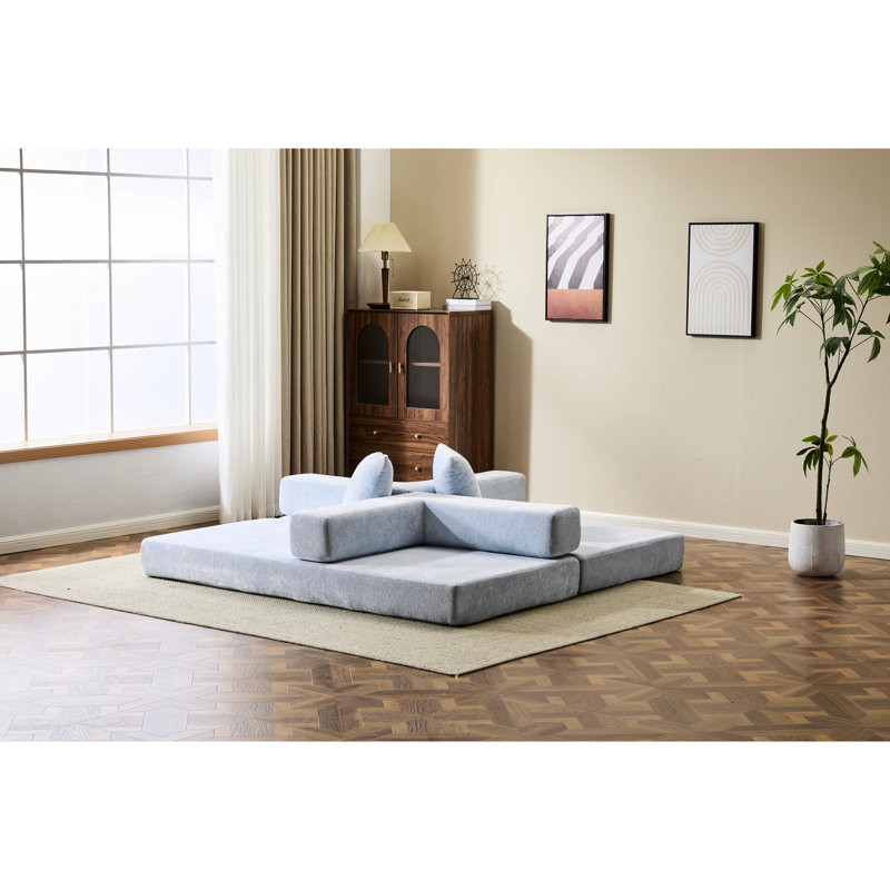 Blue 3 - Seat Convertible Compression , Futon Bed With Pillow Back Support, Armrest, And Chenille Fabric For Bedroom Relax Time Bed, Couch Office Lounge