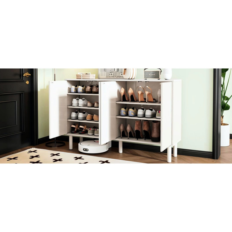 Armoire à porte cannelée chic 55,1 * 13,7 * 35,4 pouces avec pieds en bois massif et tablettes réglables, blanc, pour le salon, le couloir, le vestibule, le placard, les pieds de cuisine à 4 portes minimalistes, 55,1 * 13,7 * 35,4 pouces,