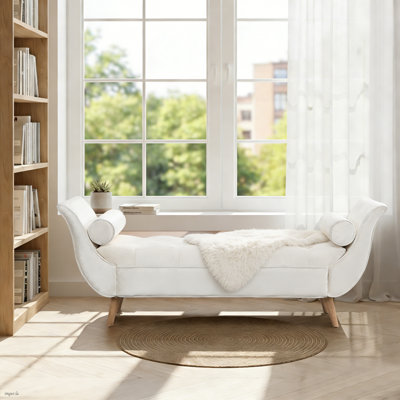Chaise longue capitonnée en velours de style moderne avec 2 traversins, banc décoratif rembourré de style voilier avec pieds en chêne pour la chambre à coucher et le salon