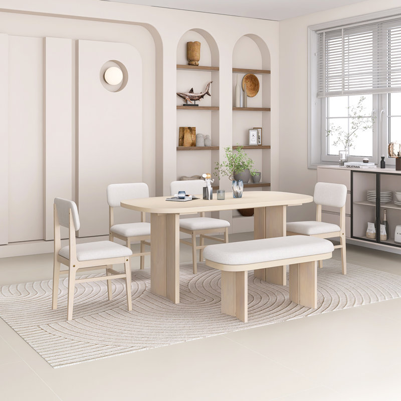 Ensemble de table de salle à manger 6 pièces en bois massif avec 4 chaises rembourrées et 1 banc, tissu respirant, facile à assembler