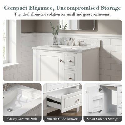 Meuble-lavabo 24 po avec lavabo et tiroirs, armoire autoportante en panneau de fibres à densité moyenne et en bois massif, plateau en céramique, 3 tiroirs et armoire d'appoint avec tablettes, finition peinte en bleu gris pour les petites salles de bain