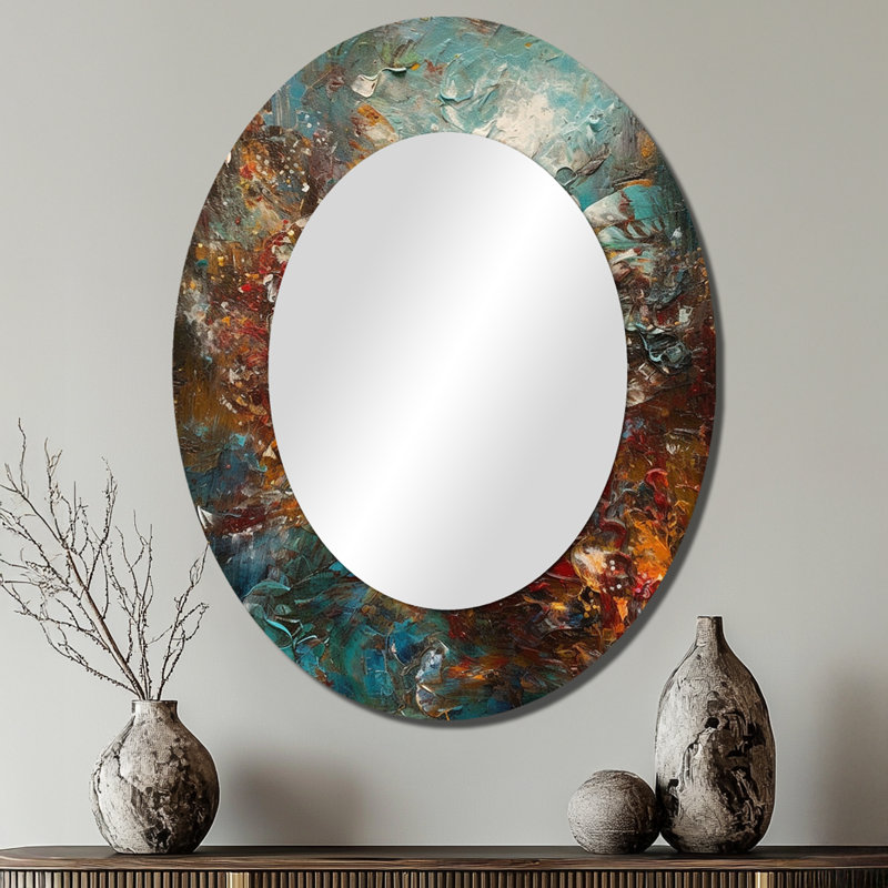 Autumn Bliss Afternoon Abstract Red Orange Blue I - Blue Oval Wall Mirror Decor, 40" x 30"