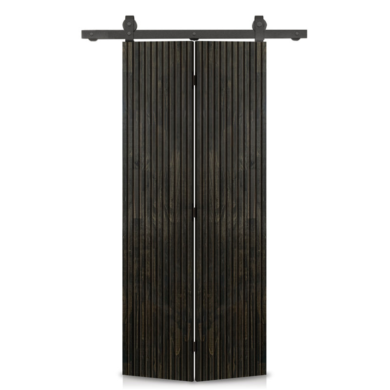 Porte de grange pliante en bois de pin teinté Japanese Series avec quincaillerie coulissante, 34 po x 84 po, Noir anthracite