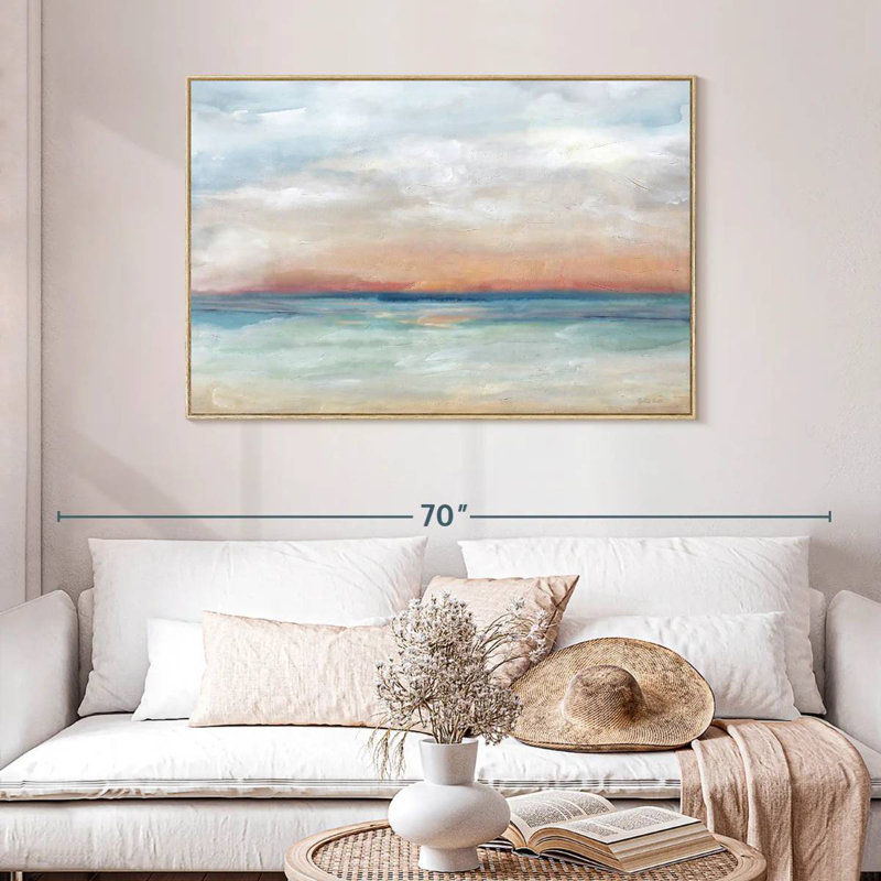 Scène sereine, paysage lumineux, 46 po x 31 po, Cadre flottant en bois naturel