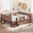Queen Size Solid Wood Kids Floor Bed with Storage Bookcases, Drawers, Cute Stairs & Guardrails, No Box Spring, Natural-825200372-825200368