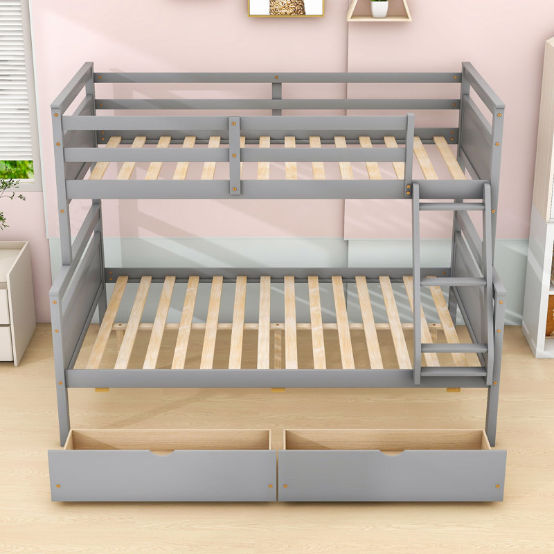 2 Drawers Twin Over Full Bunk Bed With Guardrails, Can Be Split Into 2 Individual Beds, Grey
