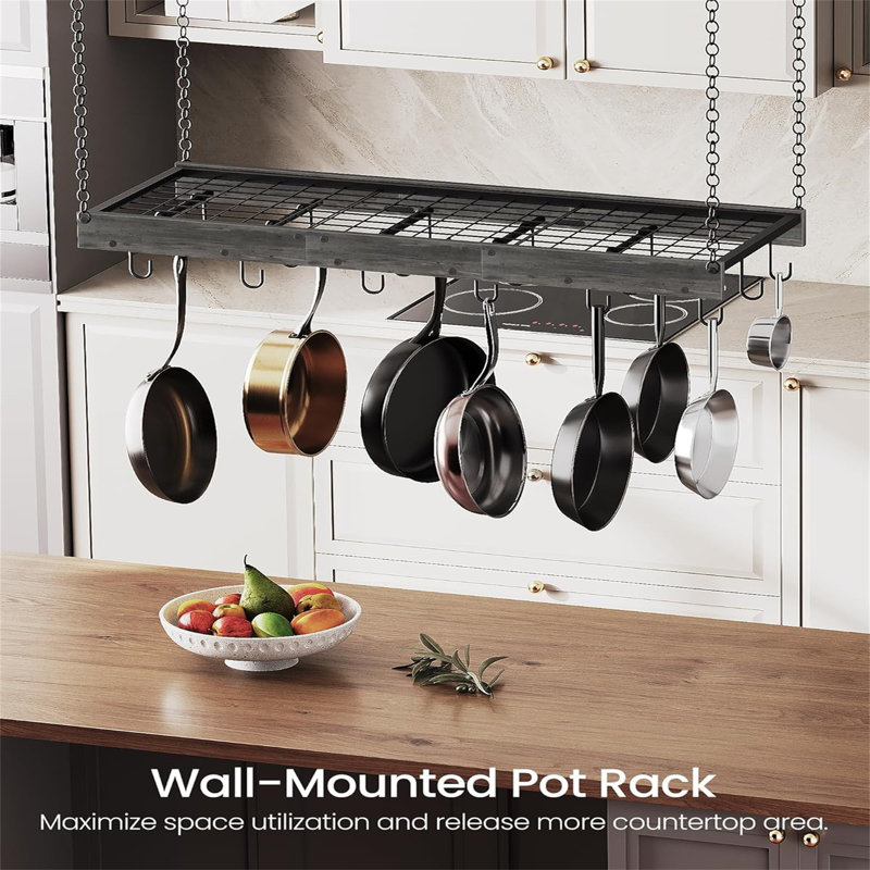 industrial style ceiling/wall mounted pot rack with hooks for kitchen storage, space saving, practical and beautiful.