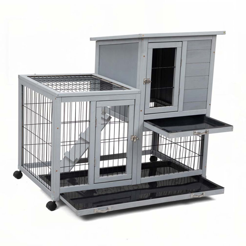 Cage à lapin amovible avec plateau amovible et roulettes, gris et blanc, Gris