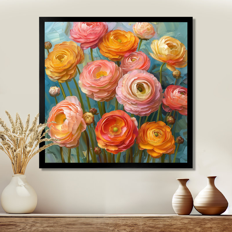 Reproduction d'art rose, rose et orange, Summer Meadow III - Renoncule, H 30 po x l 30 po x P 1 po, Cadre simple noir