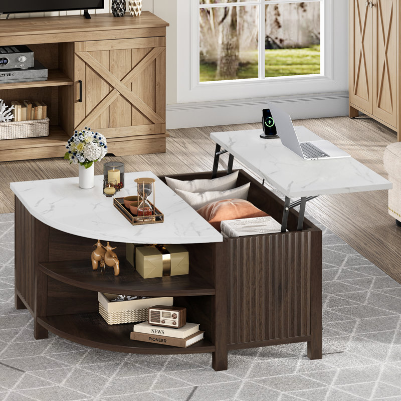 Table basse à plateau relevable cannelé avec rangement et prise de courant 35,4 po Tonicia, Noyer
