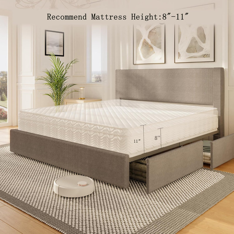 Bed Frame, Full/Queen/King Platform Bed w/ 4 Storage Drawers, Upholstered Corduroy Channel Tufted Headboard Bed Frame w/ Strong Wooden Slat Support