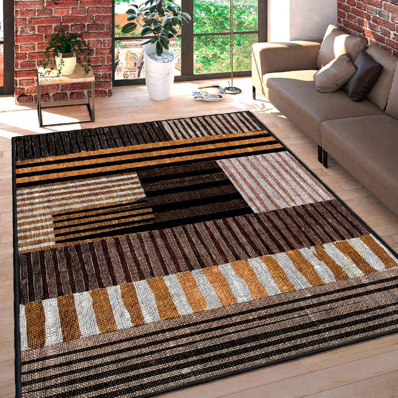Wencil Premium Cotton Area Rug, 2.6 x 9.8 ft | 100% Cotton, 1200 g/m², Pile Height: 0.4 in, Total Thickness: 0.3 in | Antibacterial, Non-Slip PVC Underside, Machine Washable | Stylish White, Orange, Brown & Black Design for Home Decor