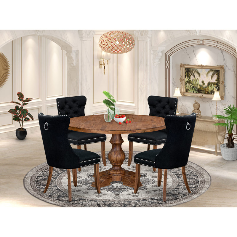Ensemble de salle à manger 5 pièces en polyester 4 chaises rembourrées noires, dossier capitonné et table ronde de 54 po au fini noyer antique.