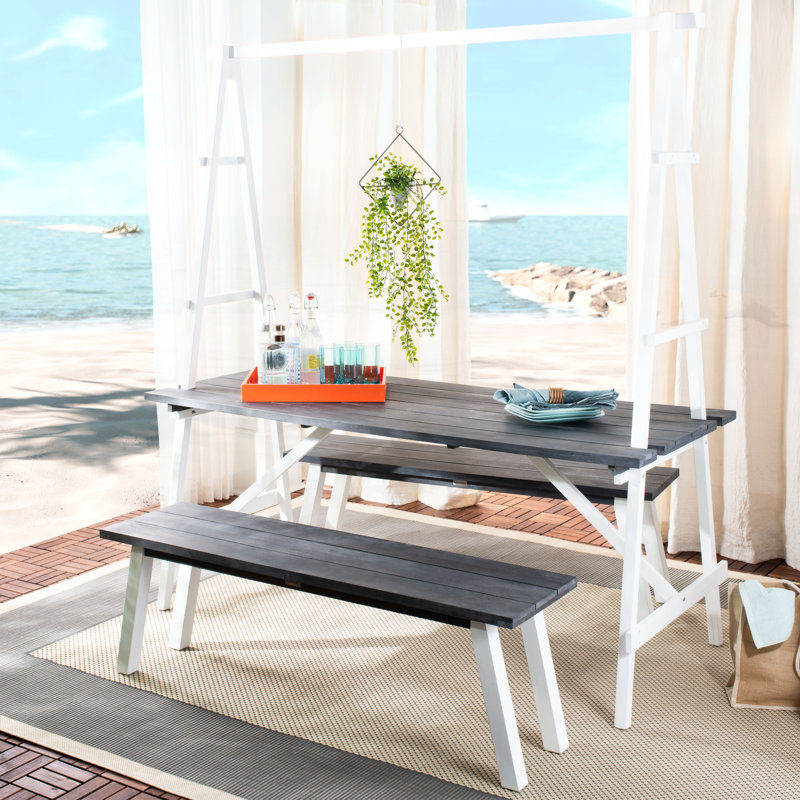 Sylmar 6 - Person Acacia Wood Patio Dining Set with Rectangular Table, Gray/White