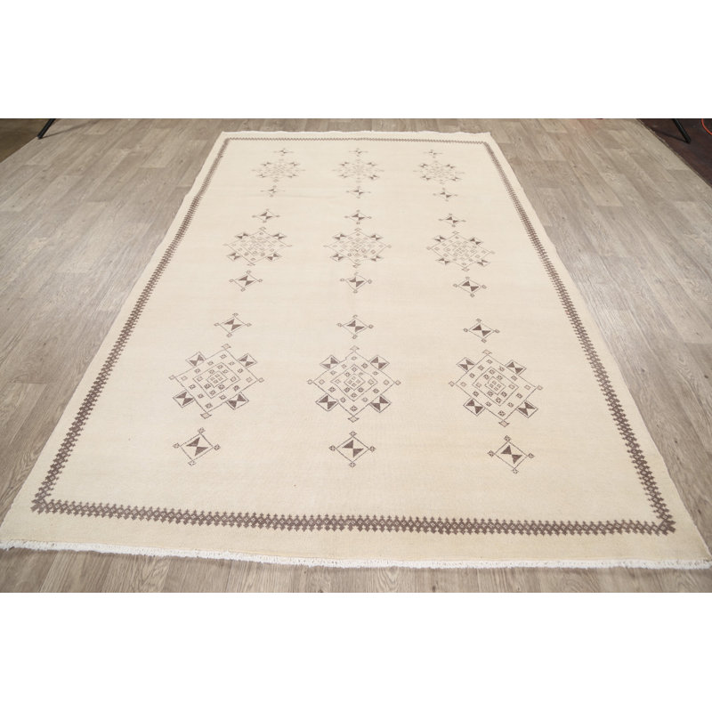 Tapis décoratif en laine de conception unique 5 pi 7 po x 8 pi 6 po noué à la main New Age Ivoire