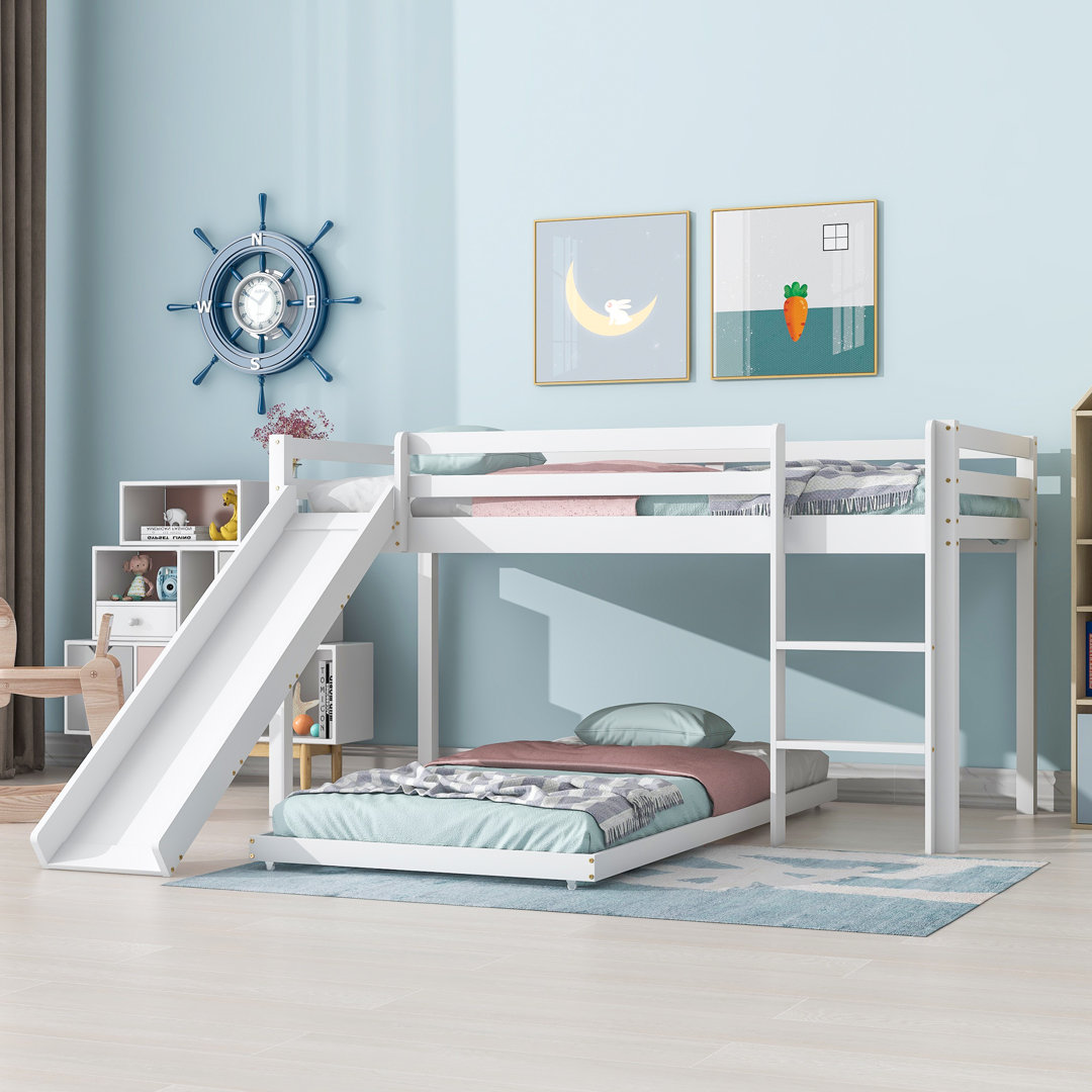 Children’S Cabin Bunk Bed With Slide & Adjustable Ladder, Space-Saving Design With Extendable Lower Bed (White, 190X90cm...