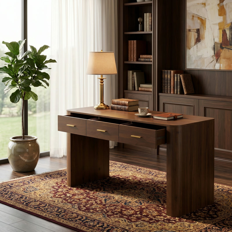 Bureau d'écriture en bois avec 3 tiroirs et bords arrondis Easton, Dark Walnut