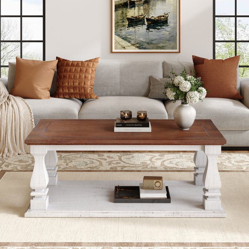 Table basse rectangulaire de style campagnard, Noyer brun, blanc délavé