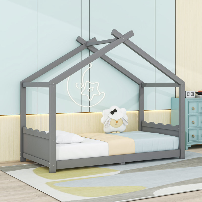 Wood House Floor Bed With Slats, Gray, Twin