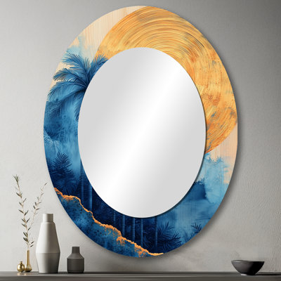 Aqua palmiers sur le lever du soleil tropical doré - miroir mural ovale tropical