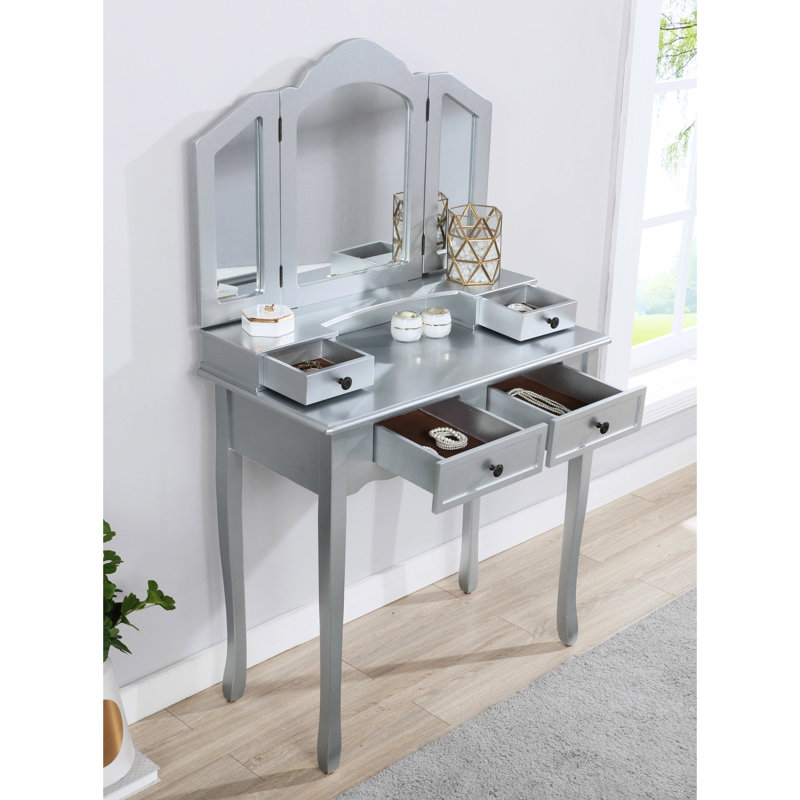 Coiffeuse en bois argentée - Table de maquillage avec rangement pour accessoires et quatre tiroirs et miroir