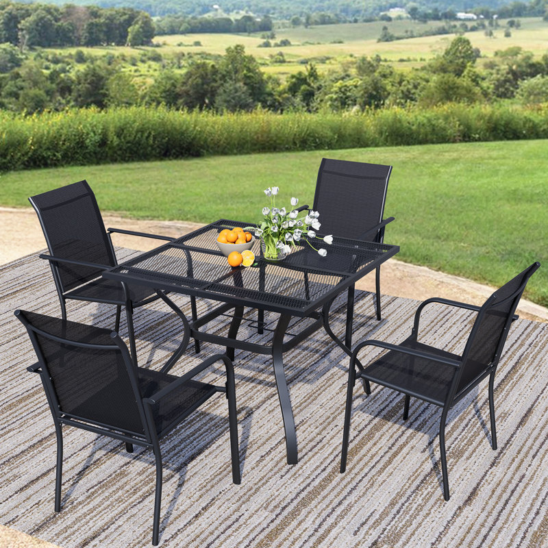 5-Piece Outdoor Dining Set, Square Metal Table With 4 Black Chairs, Black Patio Table With Umbrella Hole For Garden, Yard, Patio