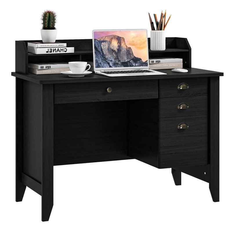 Vintage Computer Desk With 4 Drawers And Shelves, Black