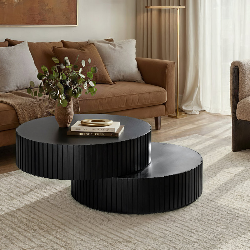Jadida Gabriela Modern 27.8"W Fully Assembled Swivel-Top Fluted Round Coffee Table With Dual Rotating Surfaces, Black