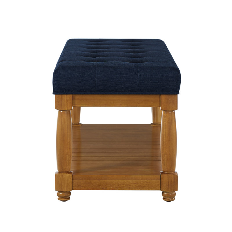Banc de rangement rembourré en lin 44,25 po avec pieds en bois massif, Navy Blue