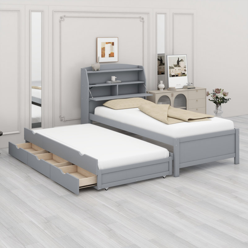 Lit plateforme en bois avec lit gigogne et tête de lit à DEL avec tiroirs, Lit simple, Gris