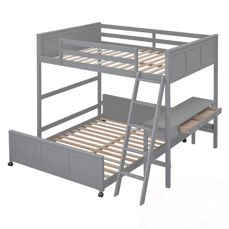 Lit double superposé au dessus d'un lit double avec bureau, Gris