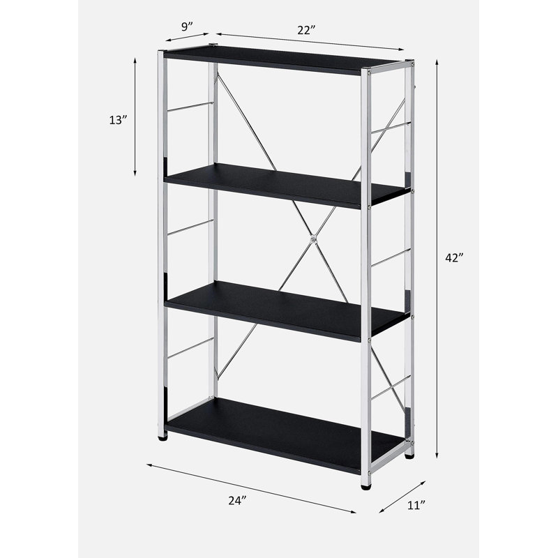 Bibliothèque noire et chrome, (4 tablettes) H 42 po x l 24 po x P 11 po, Noir/chrome